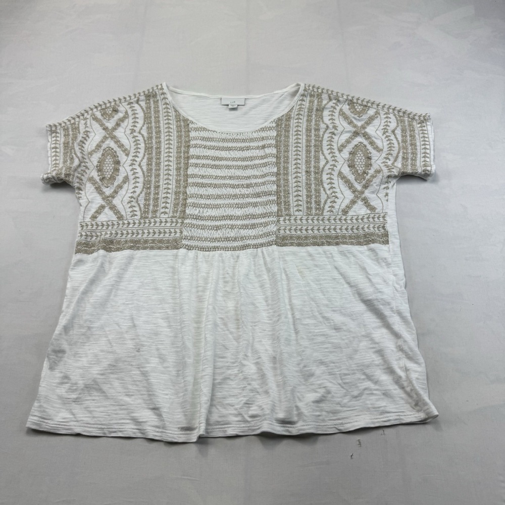 J Jill Womens M White Embroidered Peasant Top Short Sleeve Cotton Modal Blend